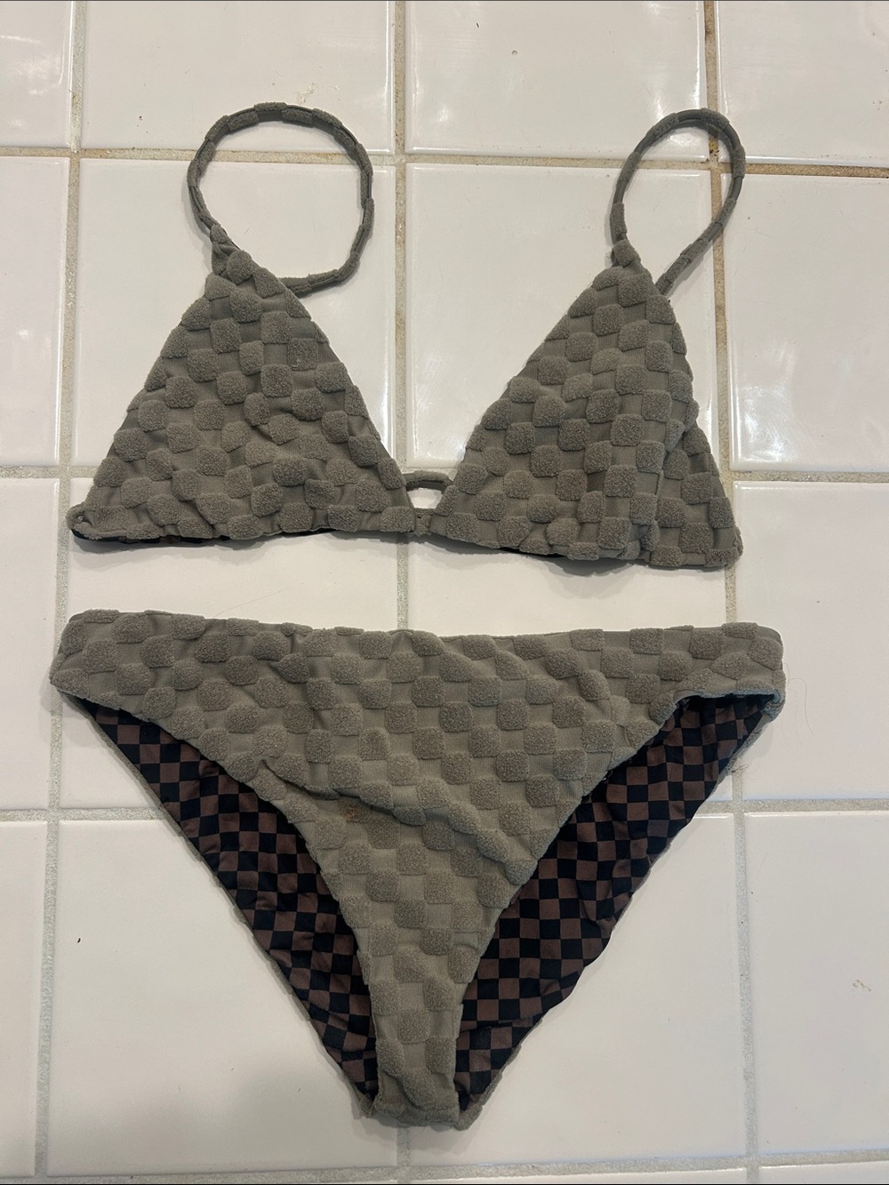 Textured Triangle Bikini Set in Olive Gray